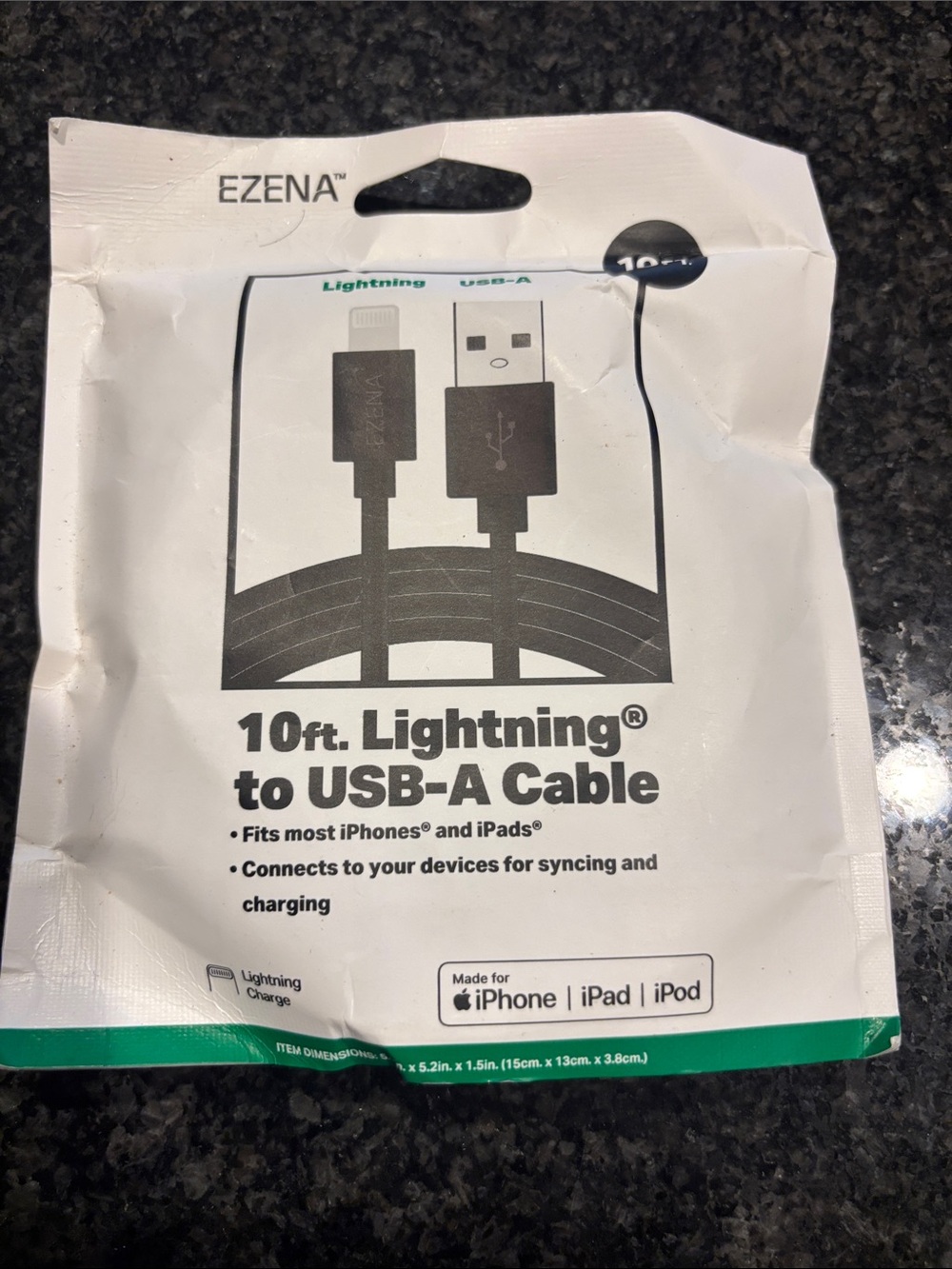 EZena Black Lightning to USB-A Cable - 10ft